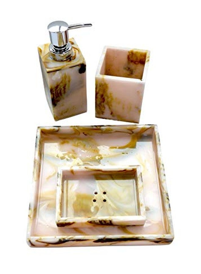 Tranquil Square | Bathroom Accessory Set | Glossy Marble Finish Yellow White Premium Design | Set of 4 | Soap Holder, Dispenser, Tumbler and Tray - Image 4